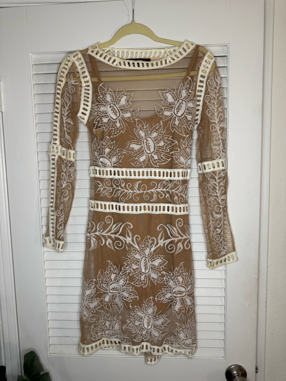 For Love & Lemons Tan Sheer Floral Embroidered Long Sleeve Mini Dress
